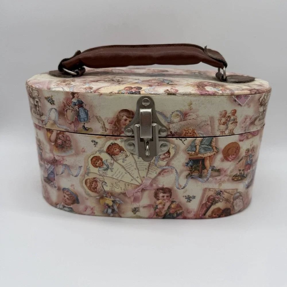 Vintage Decoupage Sewing Box Victorian Children Illustrations Craft Storage Case